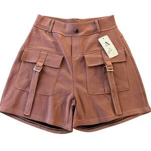 NEW Patch Pocket Brown Shorts Sz S/M Pull On Stretch Polyester Buckle Cargo